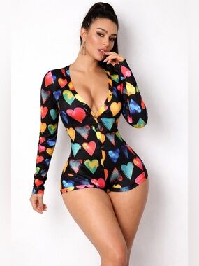 Colorful Heart Print Long Sleeve Romper | Sexy Lounge One Piece